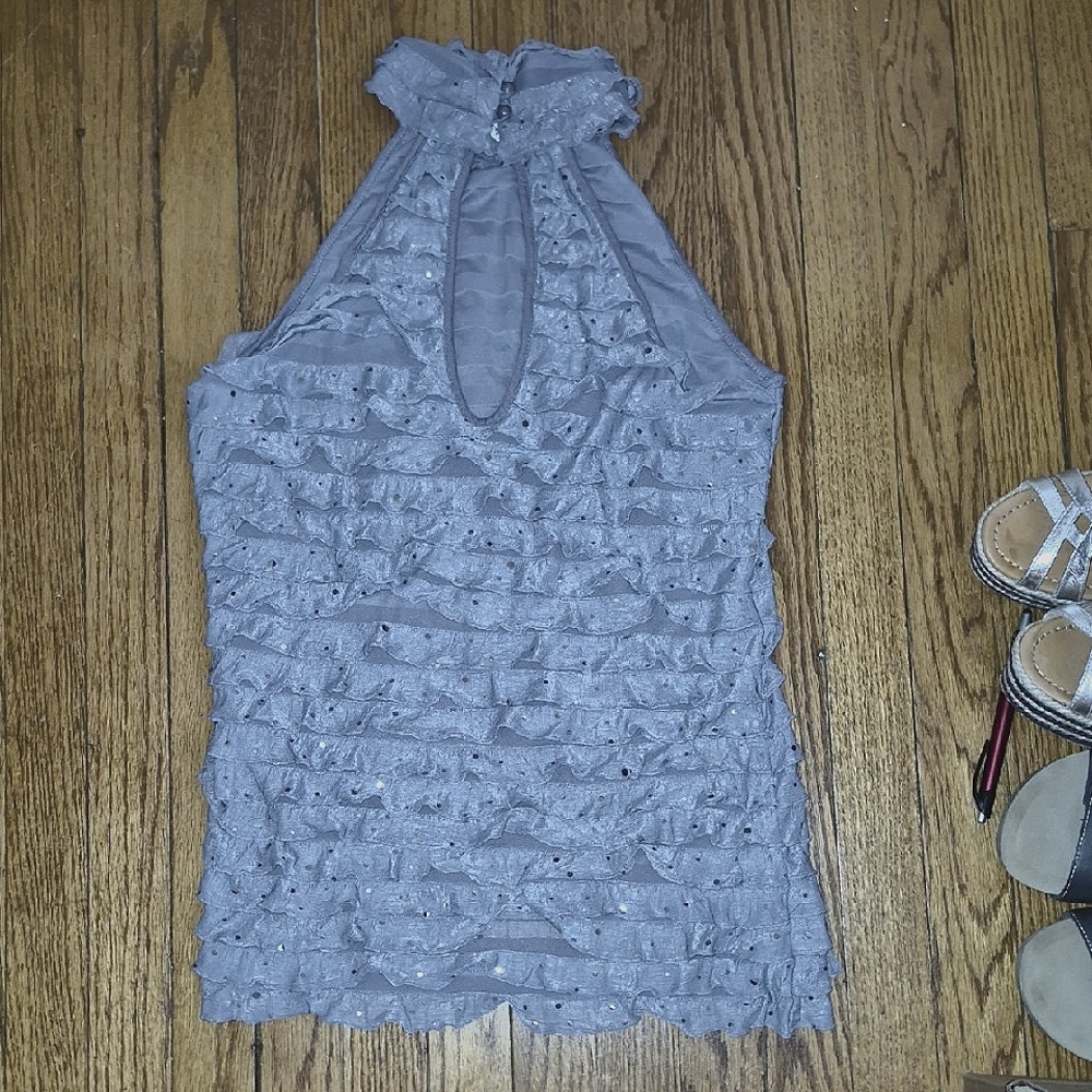 Studio Y Lavender Gray Ruffled Halter Top Med. Bling Sparkle Button Loop Collar